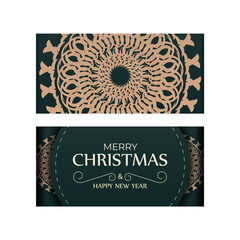 Merry christmas card in dark green color with vintage yellow pattern