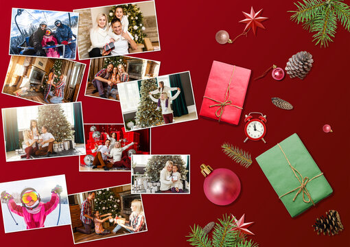 Photo album in remembrance and nostalgia in Christmas winter season on wood table.
