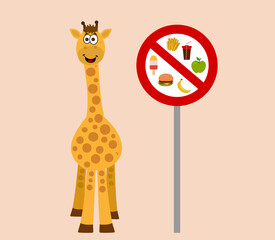 Ban on feeding giraffes with warning sign on colored background 