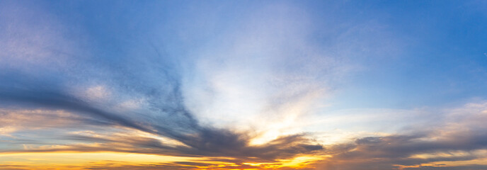 Cloudy morning sky and sunlight, panoramic natural background