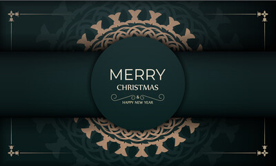 Brochure Merry Christmas and Happy New Year in dark green color with luxury yellow ornament