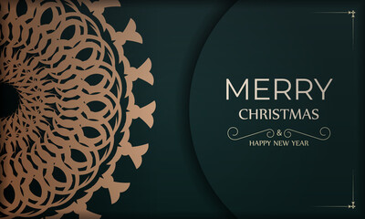 Brochure Merry Christmas and Happy New Year in dark green color with winter yellow ornament