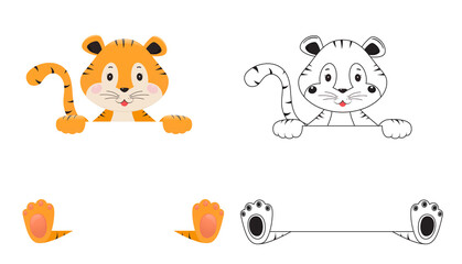 Cute tiger on white background. Drawing tiger black white lines, orange, design for banner, poster, invitation card.