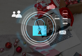 Person using a laptop computer with technology cybersecurity and privacy concept. protection and safe data for global network security