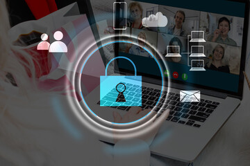 Person using a laptop computer with technology cybersecurity and privacy concept. protection and safe data for global network security