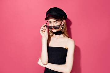 cheerful woman Red lips posing earrings luxury Studio