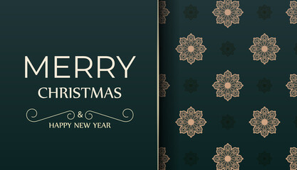 Merry christmas dark green flyer with vintage yellow pattern