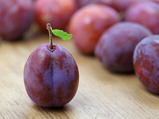 Fresh purple plum with green leaf on wooden table with plums in background