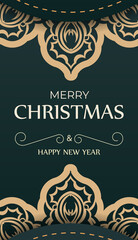 Dark green happy new year flyer with luxury yellow pattern