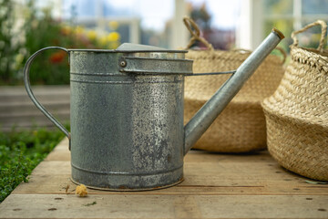 Watering can on garden bench in glass house.