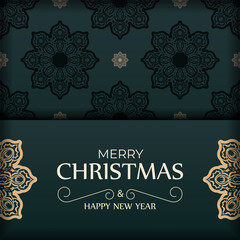 Fototapeta na wymiar Holiday card Merry Christmas and Happy New Year in dark green color with vintage yellow pattern
