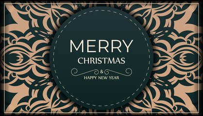 Holiday card Happy New Year in dark green color with vintage yellow ornament