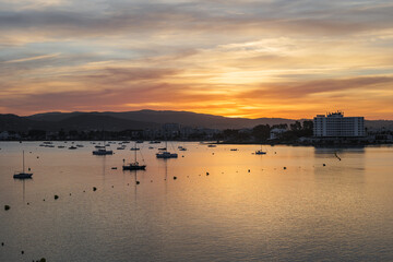 Beautiful Sunrise at the shore of Ibiza, Balearic Islands, Spain.