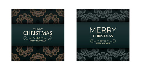 Postcard template Merry Christmas and Happy New Year in dark green color with winter yellow pattern