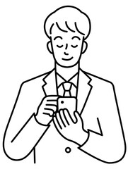 Upper body of a young man in a suit playing with his phone (line)