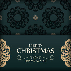 Fototapeta na wymiar Merry christmas greeting card template in dark green color with vintage yellow pattern