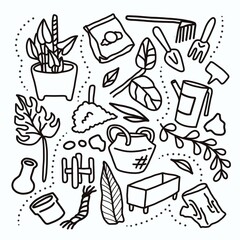 Doodles Plants Gardening outline concept on white background.