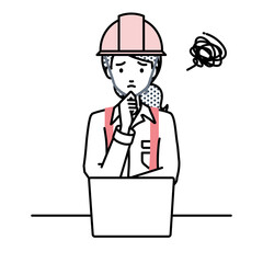 デスクで座ってPCを開いて困っている工事現場の女性