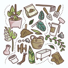 Doodles Plant concept with gardening tools flat color line on white background.