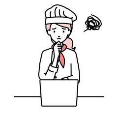 デスクで座ってPCを開いて困っている調理師の女性