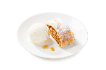 Traditional homemade apple strudel with caramelized apples and raisins. isolated on white background.