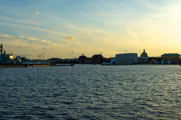 Fototapeta premium Nice view of Copenhagen architecture at sunset. Landmarks of Denmark.