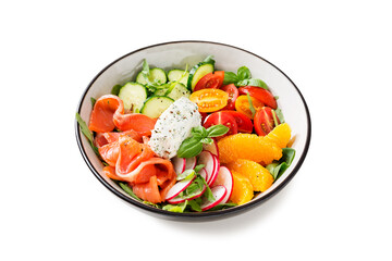 Salmon bowl with spinach, arugula, cherry tomatoes, cucumber, orange slices, radish and cream cheese. Homemade food. Concept for a tasty and healthy meal. Isolated on white background. 