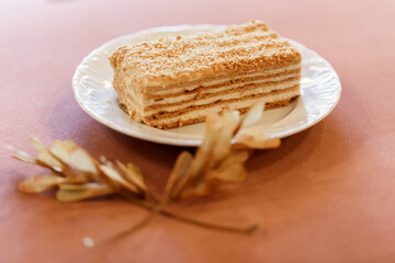 Piece of cake Napoleon on white plate decorated with dried twigs.