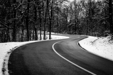 Route serpentant au milieu de bois enneigés en noir et blanc