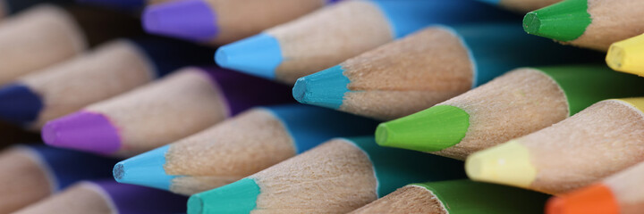 Multicolored wooden pencils with a sharp point closeup