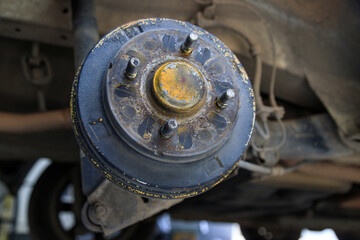 A rear hub of the car after removing a tire and wheel, maintaining a brake and wheel system, car jack-up for change a car wheel, Close-up shot
