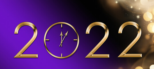 Christmas Illustration 2022 Happy New Year background with gold clock. Festive gold 2022 for card, flyer, invitation, placard, voucher, banner. Copy space for text.