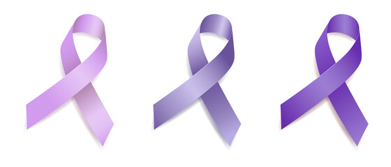 Set of tree ribbon awareness purple, lavender, periwinkle blue. Esophageal, Gastric, Stomach, General cancer, Alzheimer’s Disease, Cystic Fibrosis, Domestic Violence. Isolated on white background.