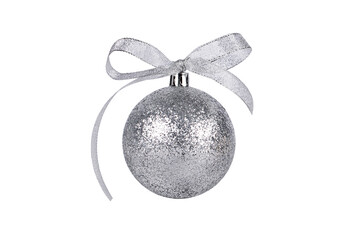 silver ball ornament with bow isolate