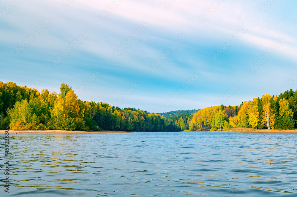 Wall mural panoramic view of the bright colorful trees along the bank of the kama river russia perm krai. autum
