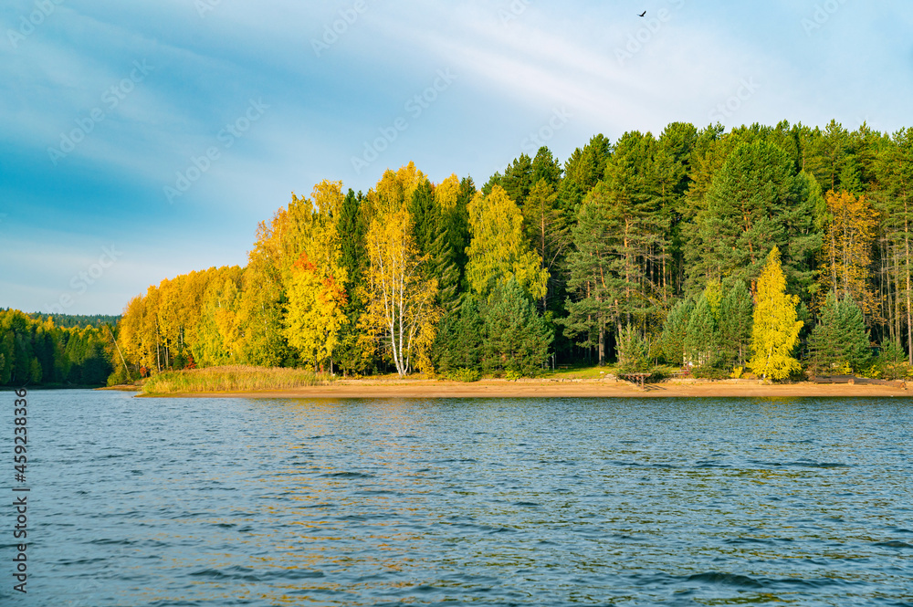 Wall mural Panoramic view of the bright colorful trees along the bank of the Kama River Russia Perm Krai. Autumn colored trees and blue sky, reflected in the calm and shiny water.