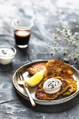 breakfast with coffee and vegetable pancakes