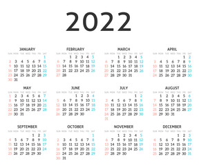 Calendar for 2022 year, black horizontal
