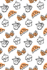 Fototapeta premium Vector rectangular pattern with croissants, cupcake and a cup of coffee in doodle style. A pattern with pastries for cafes, menus, packaging, postcards.