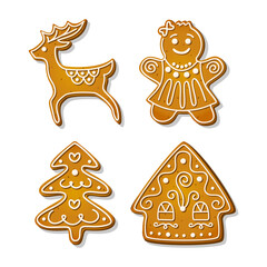 Christmas gingerbread cookies. Festive biscuits in shape of house and gingerbread woman, christmas tree and reindeer shapes. Cartoon Vector illustration
