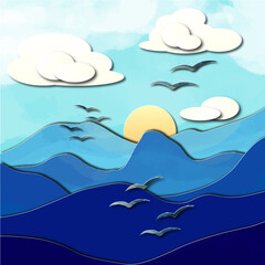 Paper cut illustration of mountains, birds, sky, sun and clouds