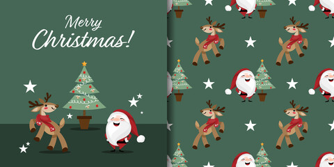 Christmas holiday season banner with Merry Christmas text and seamless pattern of cute reindeer wear red scarf with Christmas tree and santa clause on green background with stars. Vector illustration.
