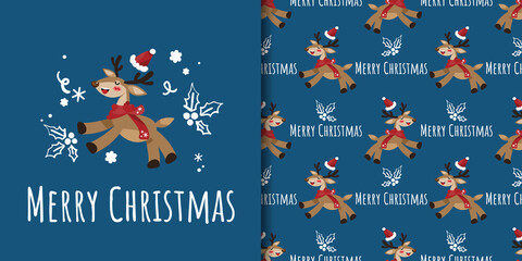 Christmas holiday season banner with Merry Christmas text and seamless pattern of cute reindeer wear red scarf with santa hat on blue background with holly berry branch doodle. Vector illustration.