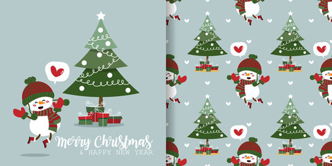 Christmas holiday season banner with Merry Christmas and Happy New year text and seamless pattern of cute snowman in winter outfits with Christmas tree and gift boxes on light color background.