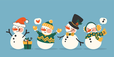 Snowman character collection of snowman wearing Santa hat, black hat with bow tie and winter clothes on a light blue background. Christmas holidays cartoon character design. Vector illustration.