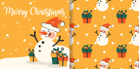 Christmas holiday season banner with Merry Christmas text and seamless pattern of cute snowman wear Santa hat with gift boxes with holly berry branch on yellow background with snowflakes.