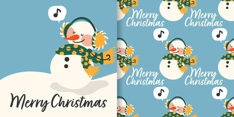 Christmas banner and seamless pattern of snowman in winter outfits with music note in text box.