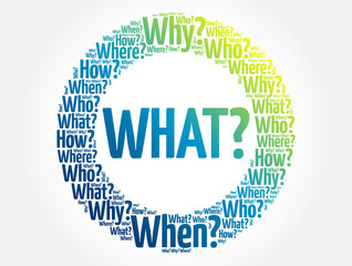 WHAT? Question and Questions whose answers are considered basic in information gathering or problem solving, word cloud background