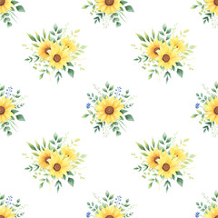 Sunflower watercolor seamless pattern on white background. Yellow bright floral digital paper. 