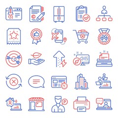 Business icons set. Included icon as Management, Remove purchase, Refrigerator signs. Web timer, Work home, Typewriter symbols. Flight destination, Dog competition, Market. Valet servant. Vector